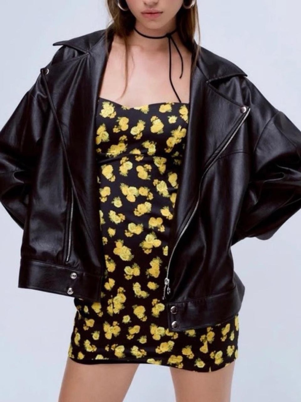 For Love And Lemons Black Mini Dress with Yellow Floral Pattern